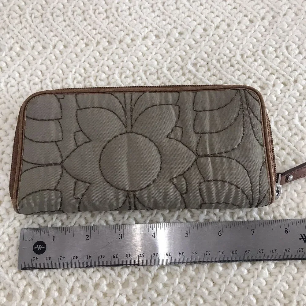 Fossil Wallet Key Per Olive Beige Quilted Nylon Leather Zip Around Clutch
